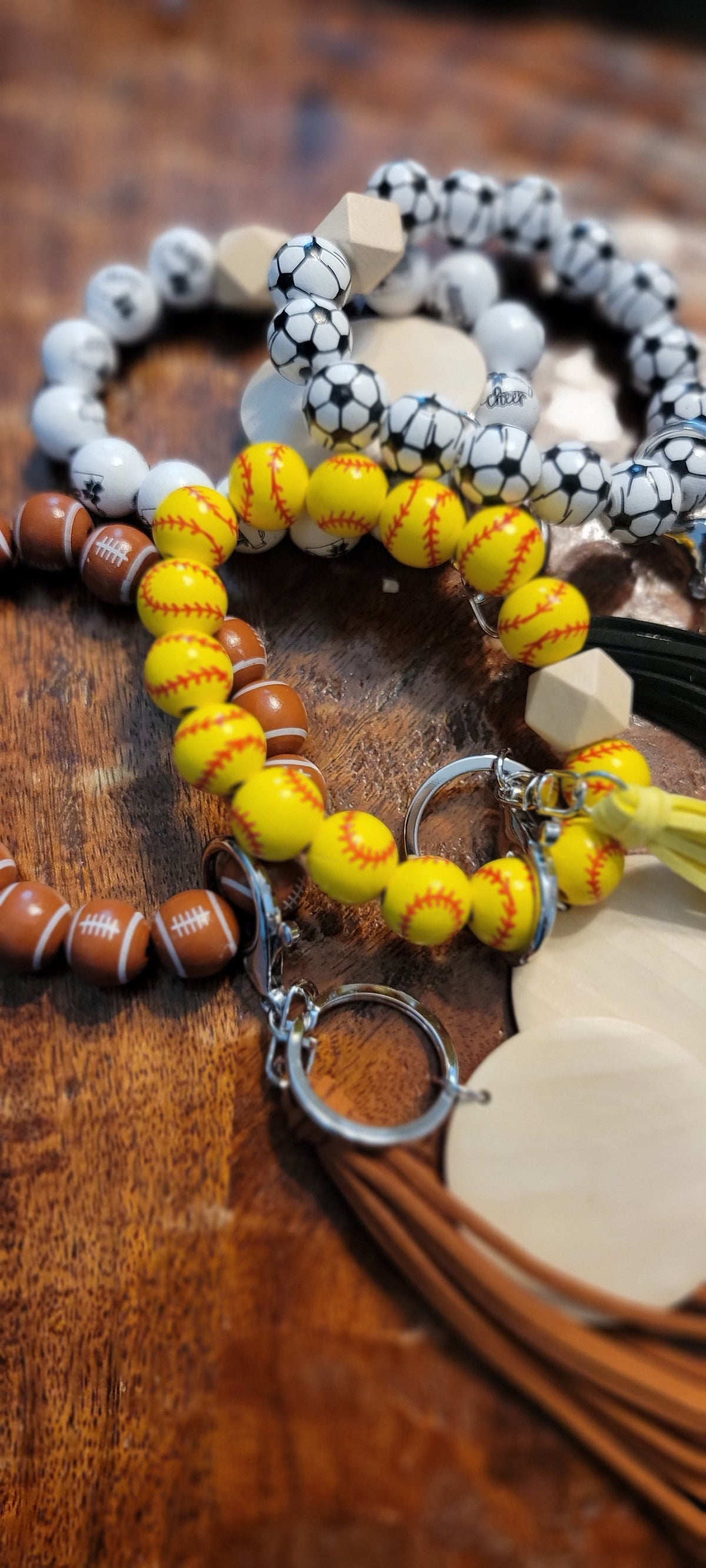Personalized Sports Ball Wood Bead Wristlet Keychain