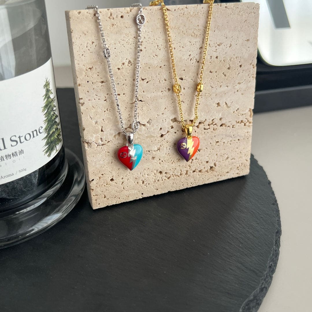 Gucci Double G Interlocking G Heart Lightning Charm Necklace