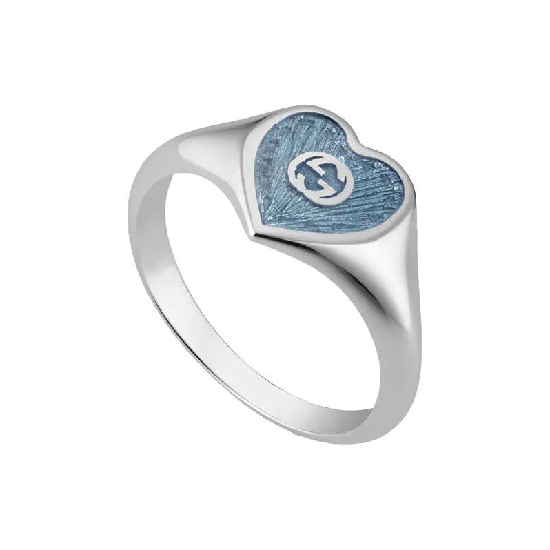 Gucci Double G Interlocking G Blue Enamel Heart Ring