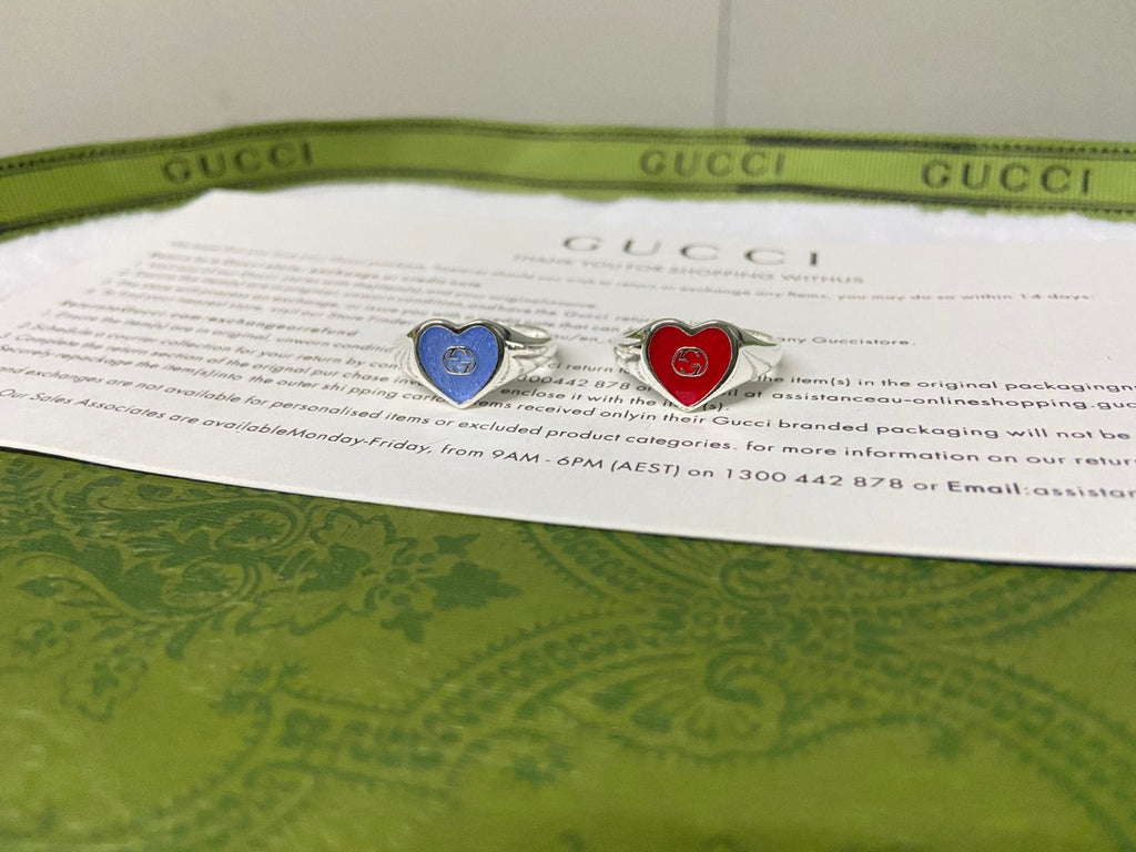 Gucci Double G Interlocking G Red Enamel Heart Ring