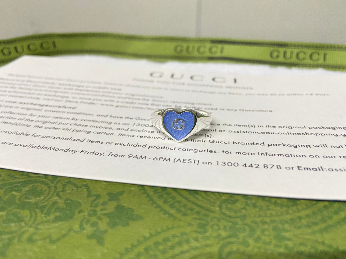 Gucci Double G Interlocking G Blue Enamel Heart Ring