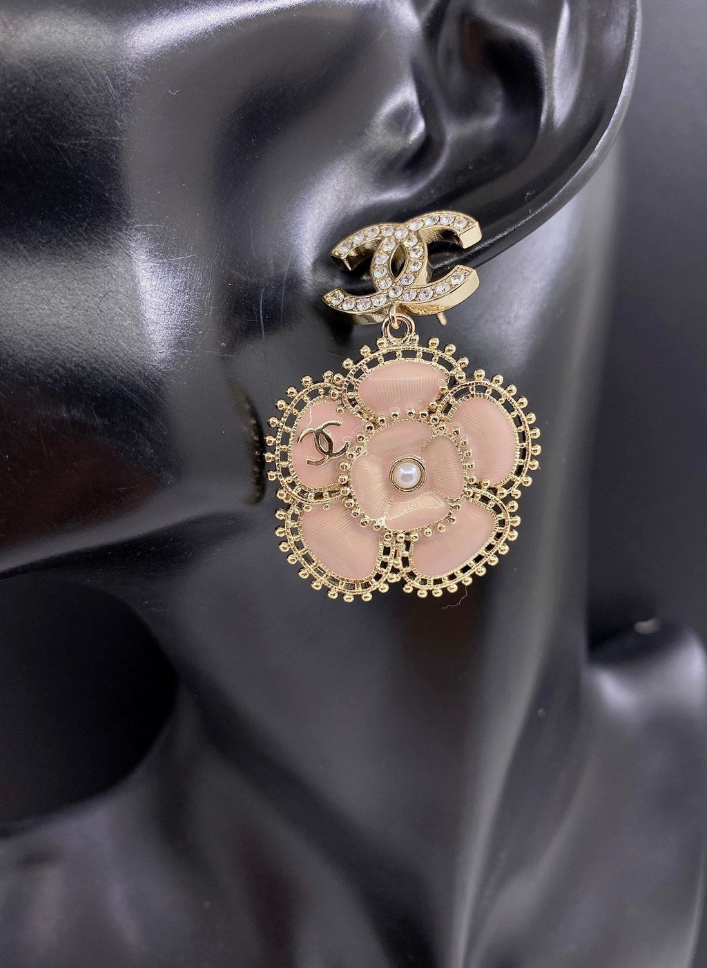Chanel Pink Flower Earrings - 18K Yellow Gold