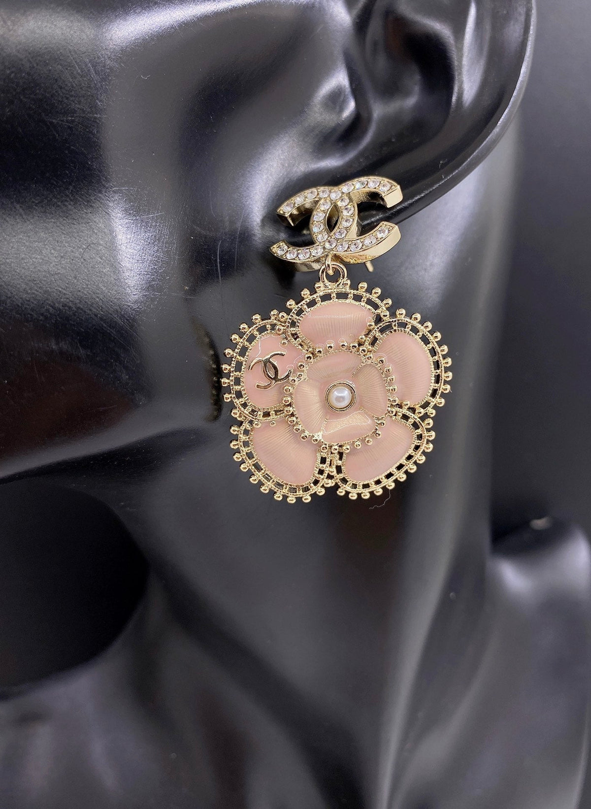 Chanel Pink Flower Earrings - 18K Yellow Gold
