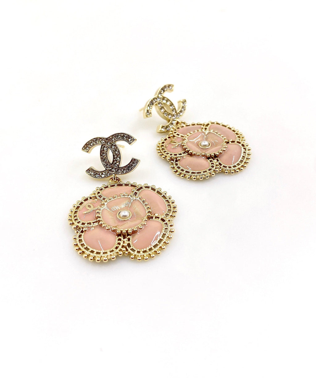 Chanel Pink Flower Earrings - 18K Yellow Gold