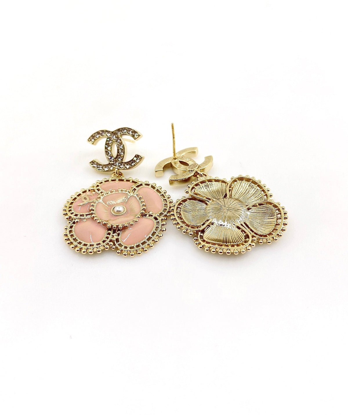 Chanel Pink Flower Earrings - 18K Yellow Gold