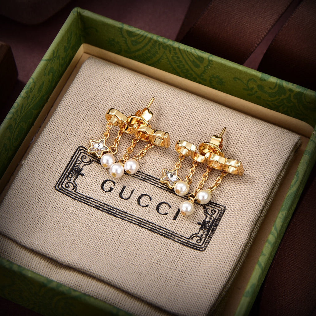 Gucci Double G Script Pearl Earrings - 18K Yellow Gold