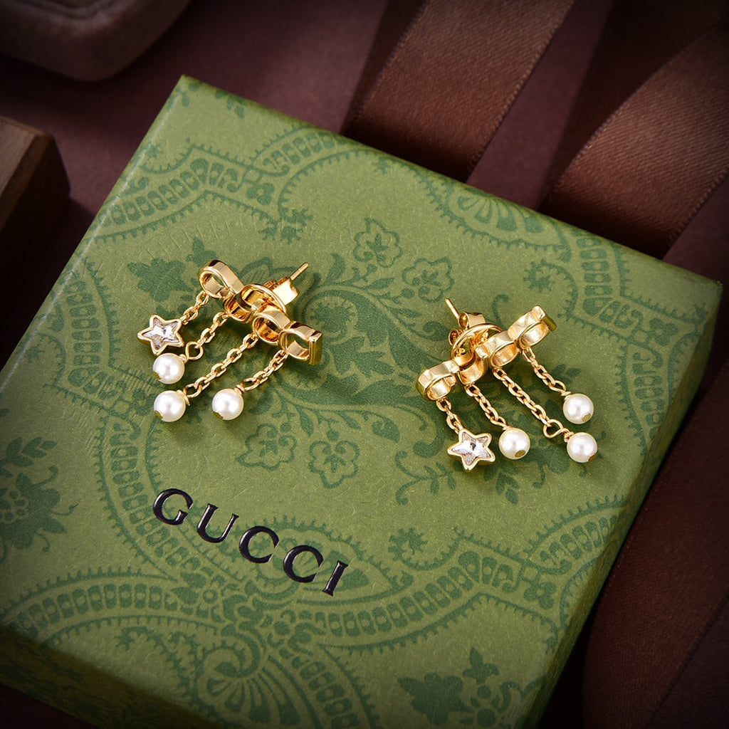 Gucci Double G Script Pearl Earrings - 18K Yellow Gold