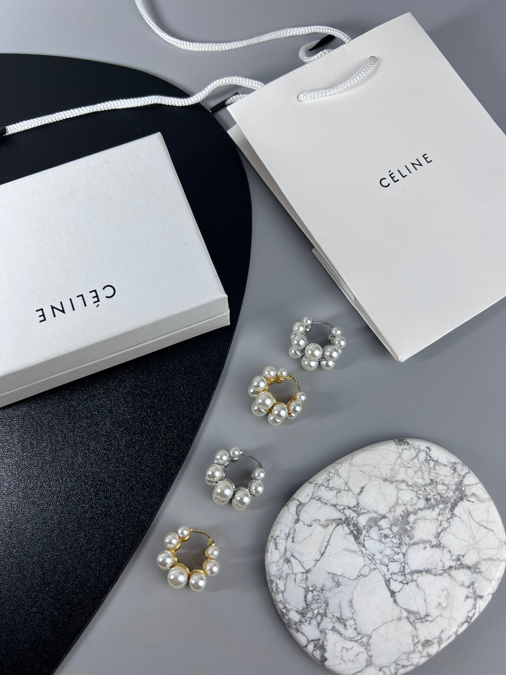 Celine Triomphe Two-Rows Pearl Earrings - 18K Gold