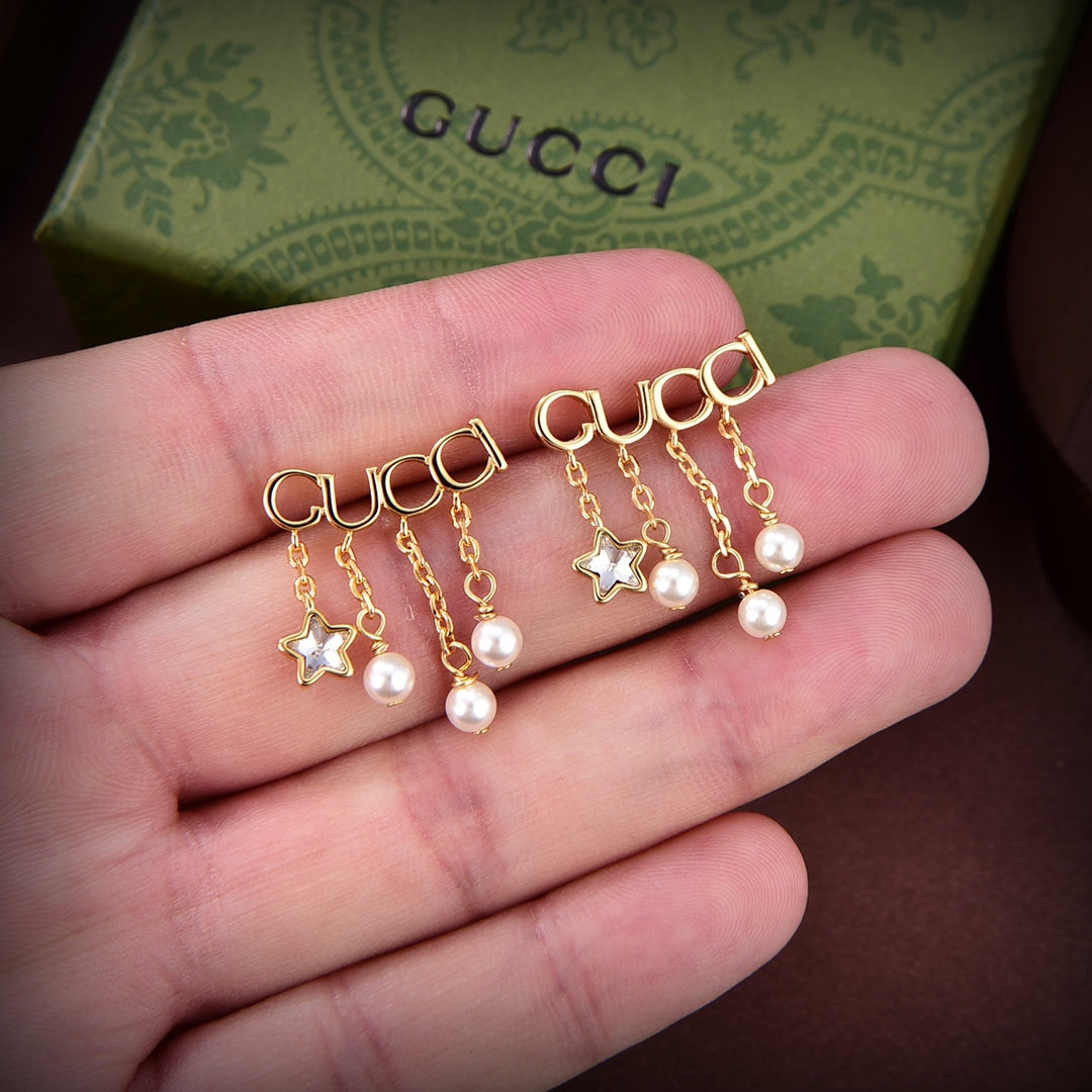 Gucci Double G Script Pearl Earrings - 18K Yellow Gold